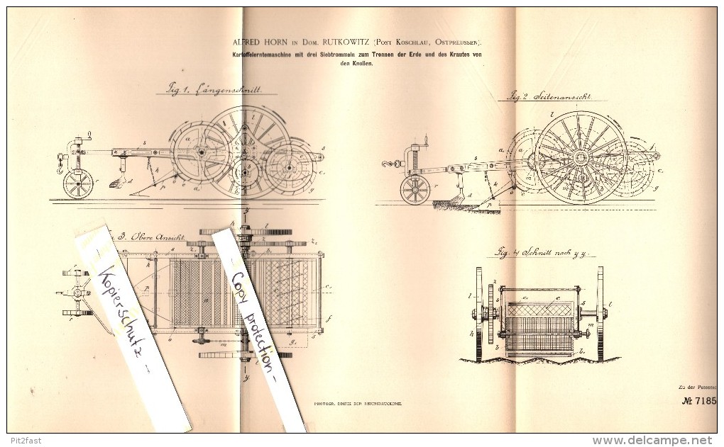 Original Patent - A. Horn In Domäne Rutkowitz B. Koschlau / Koszelewy , 1893 , Kartoffel-Erntemaschine , Rybno / Rübenau - Ostpreussen