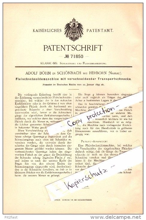 Original Patent - Adolf Böhm In Schönbach B. Herborn , Hessen , 1893 , Fleisch-Schneidemaschine , Fleischer , Metzger !! - Herborn