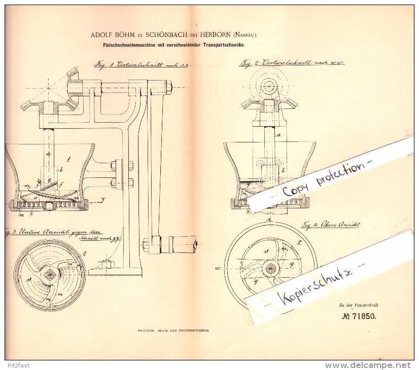 Original Patent - Adolf Böhm In Schönbach B. Herborn , Hessen , 1893 , Fleisch-Schneidemaschine , Fleischer , Metzger !! - Herborn