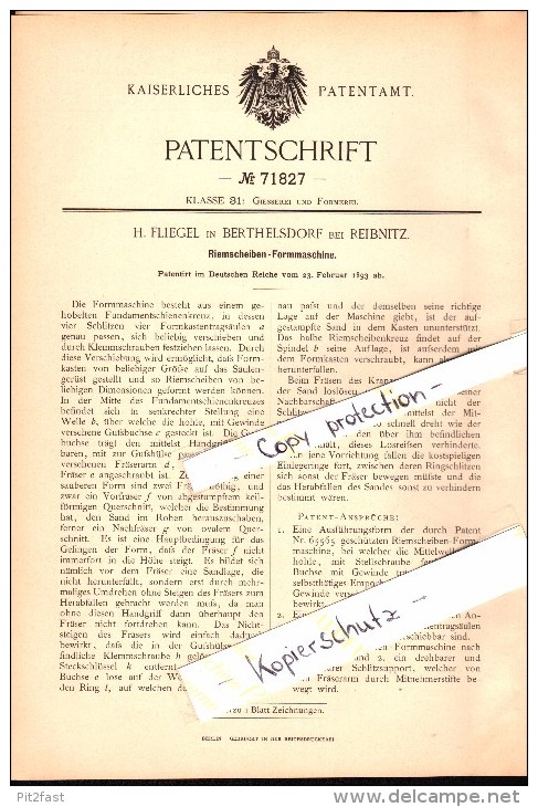 Original Patent - H. Fliegel In Berthelsdorf B. Herrnhut , 1893 , Riemenscheiben-Formmaschine , Reibnitz !!! - Herrnhut