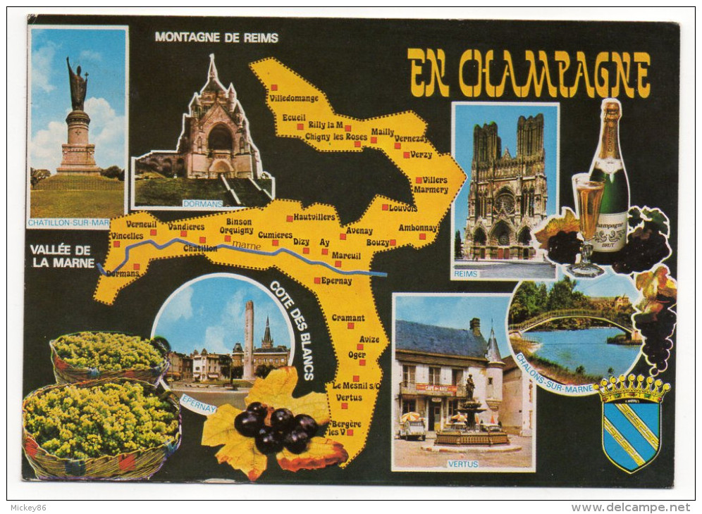 Champagne-En Champagne--1989--carte Géographique (Reims,Chalons,Vertus,Dormans,Epernay,Chatillon),blason,cpm N° 2833 éd - Champagne-Ardenne