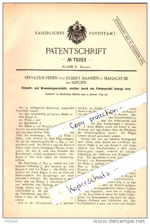 Original Patent - S. Peisen Und H. Maassen In Mariagrube B. Hingen / Heinsberg ,1894, Schachtverschluß , Bergbau , Zeche - Heinsberg