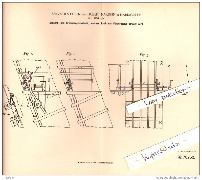 Original Patent - S. Peisen Und H. Maassen In Mariagrube B. Hingen / Heinsberg ,1894, Schachtverschluß , Bergbau , Zeche - Heinsberg