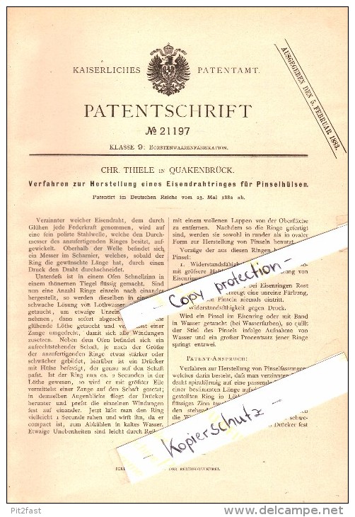 Original Patent - C. Thiele In Quakenbrück , 1882 , Herstellung Von Pinseln , Pinsel !!! - Quakenbrueck