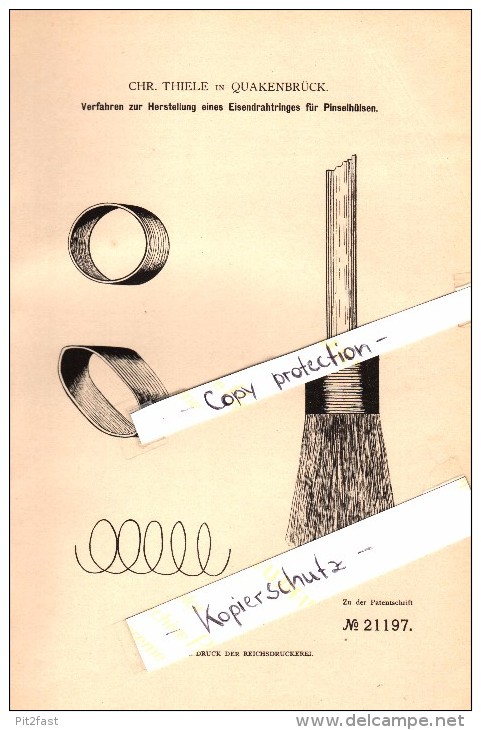 Original Patent - C. Thiele In Quakenbrück , 1882 , Herstellung Von Pinseln , Pinsel !!! - Quakenbrueck