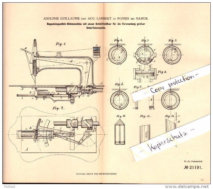 Original Patent - A. Guillaume & A. Lambert In Fosses La Ville B. Namur , 1882 , Doppelstich - Nähmaschine  !!! - Fosses-la-Ville