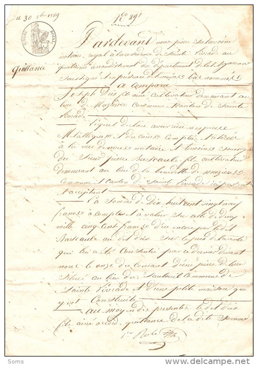 Vieux Papier De Sainte-Livrade (47), Quittance De Deix, De Mazières à Bescaule Fils De La Bourdette, 1829, Sautouil - Manuscrits