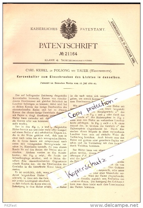 Original Patentschrift - C. Keibel In Folsong B. Tauer / Turzno , 1882 , Kerzenhalter , Beleuchtung , Kr. Thorn !!! - Westpreussen