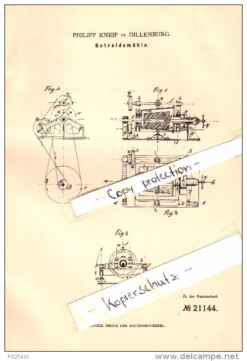 Original Patent - Philipp Kneip In Dillenburg , 1882 , Getreidemühle , Landwirtschaft , Agrar !!! - Dillenburg