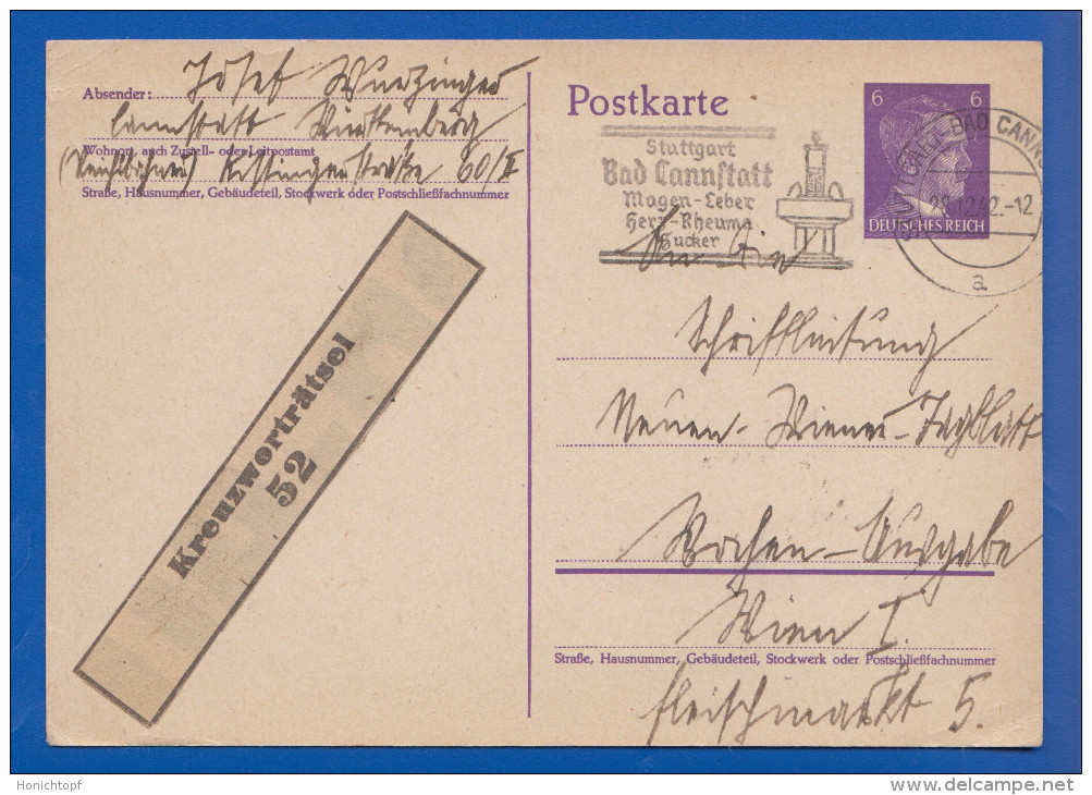 Deutschland; DR; 6 Pf. Adolf Hitler 1942; Ganzsache Stempel Bad Cannstatt - Other & Unclassified