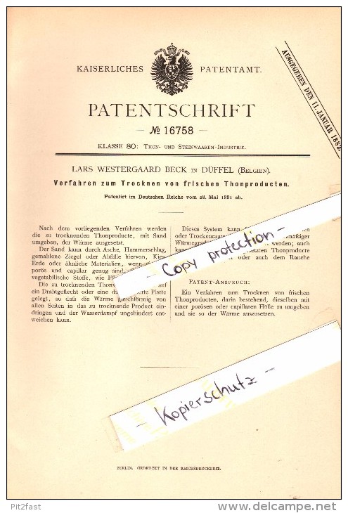 Original Patent - Lars Westergaard Beck In Duffel / Mechelen , 1881 , Trocknen Von Frischem Thon , Keramik !!! - Duffel