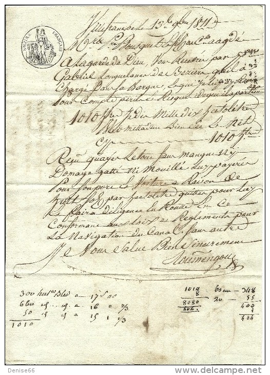 13 Sept. 1811 - CANAL DU MIDI - VILLEFRANCHE (31) Connaissement Manuscrit - - Documenti Storici