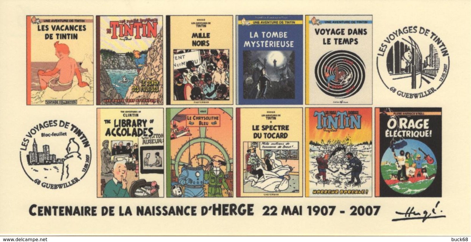 FRANCE 2007 N°66 Albums Fictifs + 2 Cachets Premier Jour FDC TINTIN KUIFJE TIM HERGE GUEBWILLER - Hergé