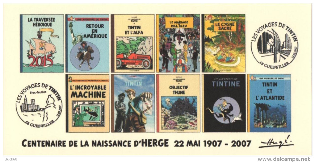 FRANCE 2007 N°68 Albums Fictifs + 2 Cachets Premier Jour FDC TINTIN KUIFJE TIM HERGE GUEBWILLER - Hergé