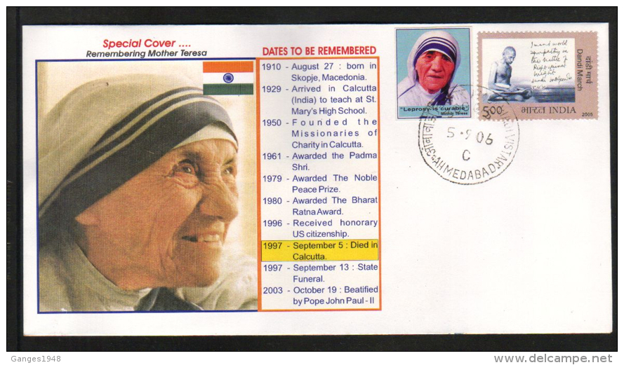 India  2006   Mother Teresa  Label On Indian Flag  Cover   # 83574  Inde  Ind - Madre Teresa