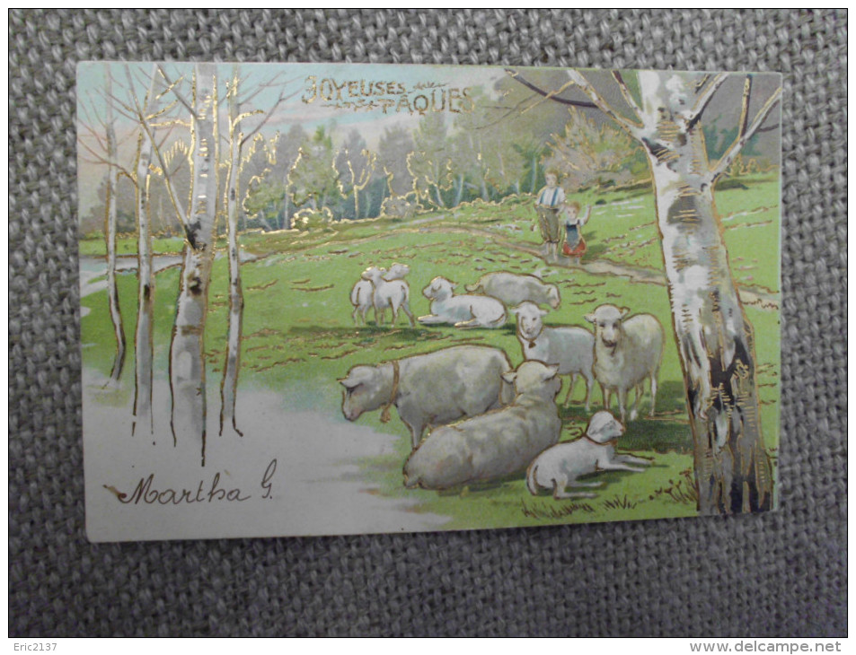 TRES BELLE ILLUSTRATION...ENFANTS ET MOUTONS....JOYEUSES PAQUES..SIGNE MARTHA... - Pâques