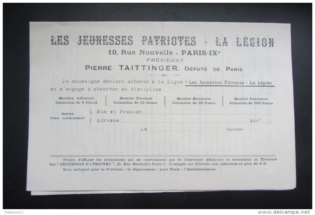 Les Jeunesses Patriotes De La Légion  Pierre Taittinger Feuille D'engagement - Documents
