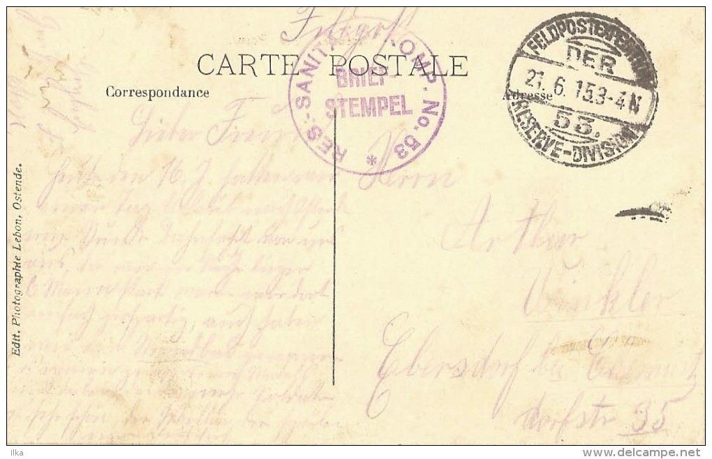 Postkaart/CP Oostende - Les Bains - K.D. Feldpoststation Nr 53. Briefstempel. Res-Sanitäts/Komp. N° 53. - Esercito Tedesco