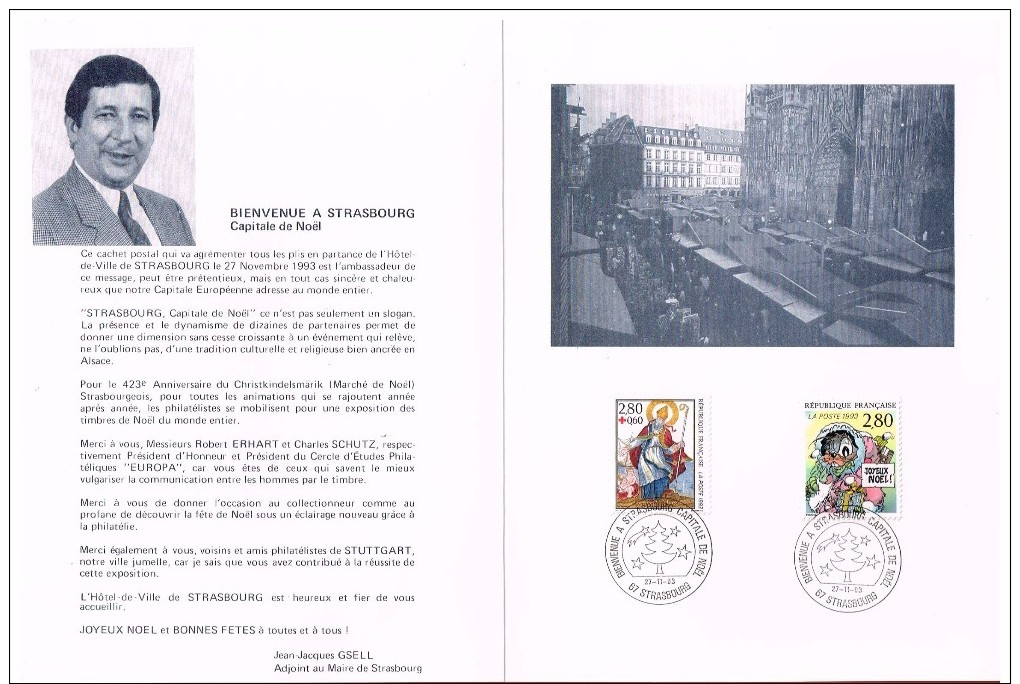 Bienvenue à Strasbourg Capitale De Noël 27.11.93 Dépliant Exp. Philatélique - Commemorative Postmarks