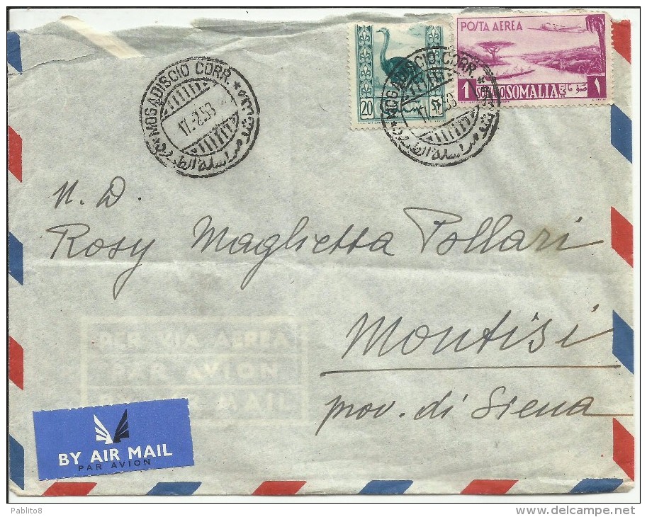 COLONIE ITALIANE SOMALIA AFIS 17 2 1953  PITTORICA CENT. 20 + POSTA AEREA AIR MAIL 1 S. LETTERA COVER - Somalia (AFIS)