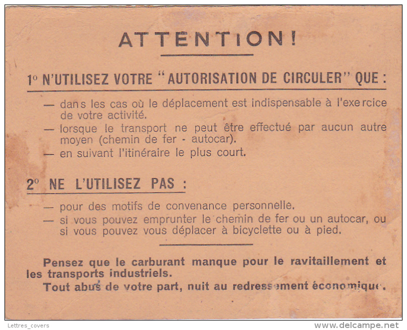 Guerre 1945 - AUTORISATION DE CIRCULER 10/2/41 - VEHICULE - Préfecture Des Bouches Du Rhône - Marseille - Automobile - Documents Historiques