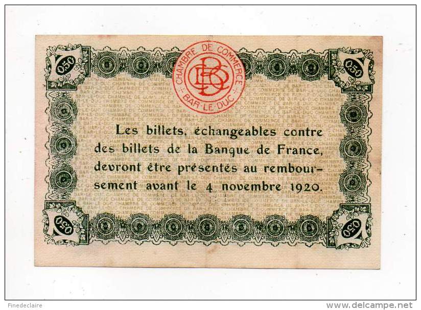 Billet Chambre De Commerce Bar Le Duc - 50 Cts - Remb. 4 Novembre 1920 - Cadre Vert - Filigrane Abeilles - Handelskammer