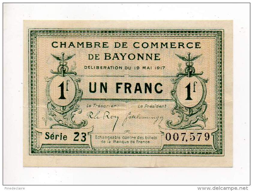 Billet Chambre De Commerce Bayonne - 1 Franc - 19 Mai 1917 - Série 23 - Sans Filigrane - Chambre De Commerce