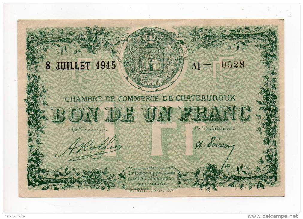 Billet Chambre De Commerce Chateauroux - 1 Franc - 8 Juillet 1915 - Lettre A - Sans Filigrane - Chambre De Commerce