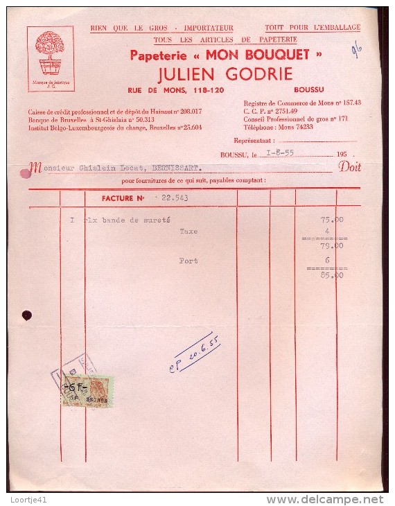 Faktuur Facture - Papeterie Mon Bouquet Julien Godrie - Boussu 1955 - Printing & Stationeries