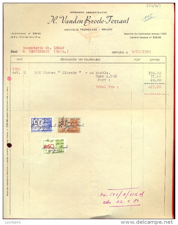 Faktuur Facture - Imprimerie Drukkerij Vandenbroele - Ferrant Bruges Brugge 1950 - Printing & Stationeries