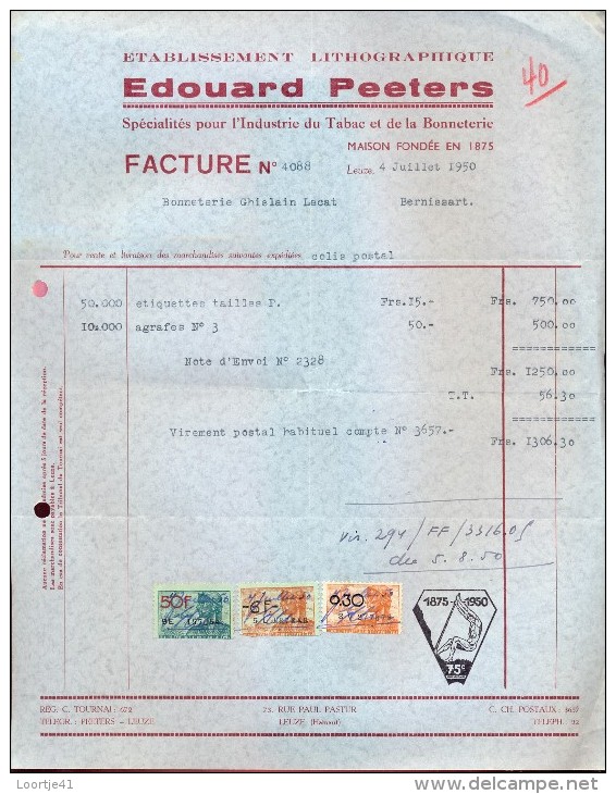 Faktuur Facture - Et. Lithographique Edouard Peeters - Leuze 1950 - Imprimerie & Papeterie