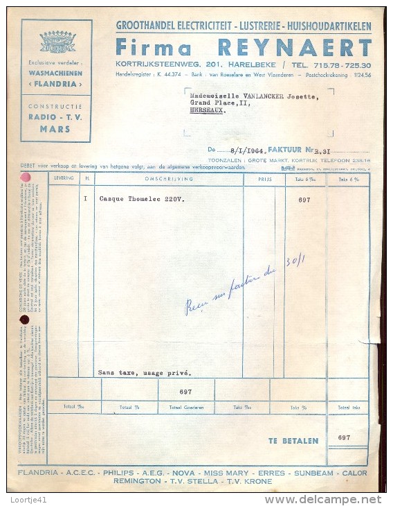 Faktuur Facture - Electriciteit Lustrerie Firma Reynaert Wasmachines Flandria -  Harelbeke 1964 - Elektriciteit En Gas