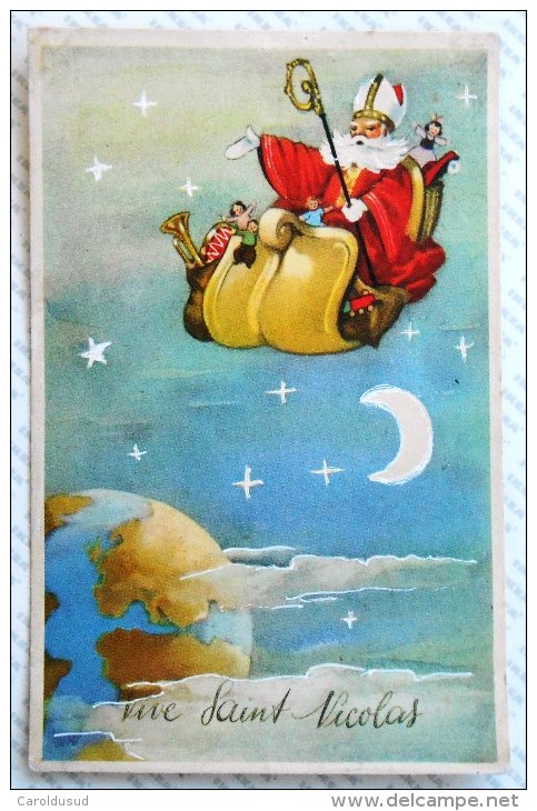 Cp Litho Illustrateur Coloprint Globe Terrestre Saint Nicolas Noel Luge Traineau Ciel Nuage Lune Jouet - San Nicolás