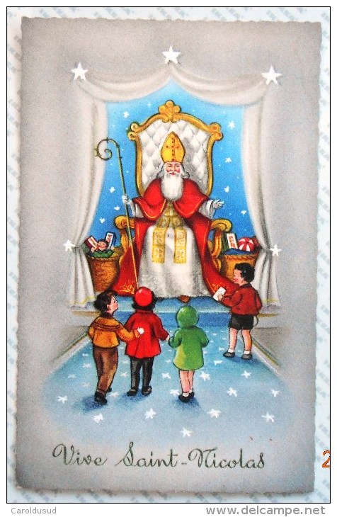 Litho Illustrateur Coloprint Special St Nicolas Crosse Dans Fauteuil Hotte Jouets Avec Enfants Aquarelle Etoiles - San Nicolás