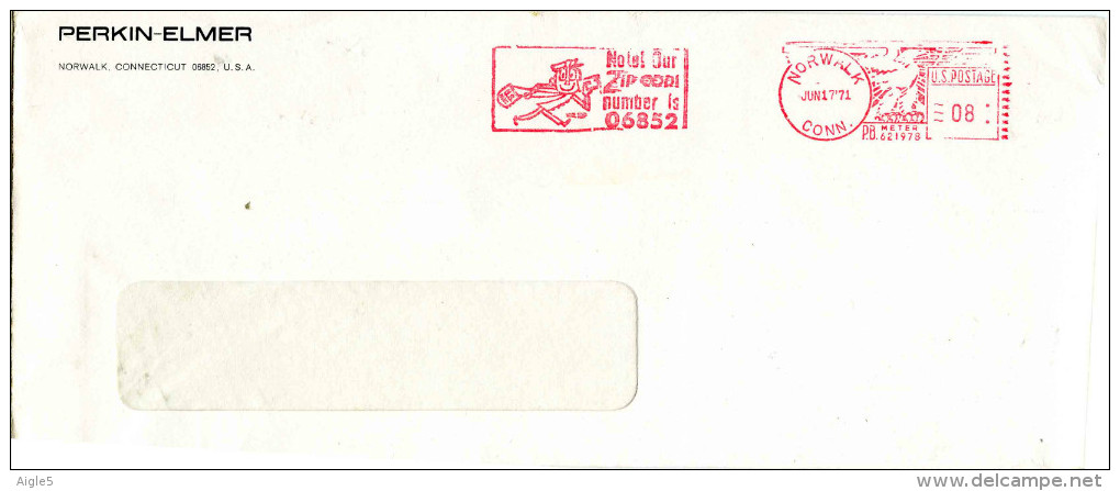 USA- NOTEL OUR ZIP CODI NUMBER IS 06852. EAGLE. EMA De 1971. U.S. POSTAGE De NORWALK( CONN).""Pitney Bowes Meter". Aigle - Código Postal