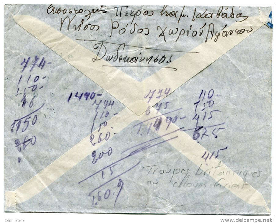 RHODES LETTRE PAR AVION AFFRANCHISSEMENT TIMBRE DE GRANDE-BRETAGNE SURCHARGE M. E. F.  DEPART RODI 4-?-46 EGEO - Dodécanèse