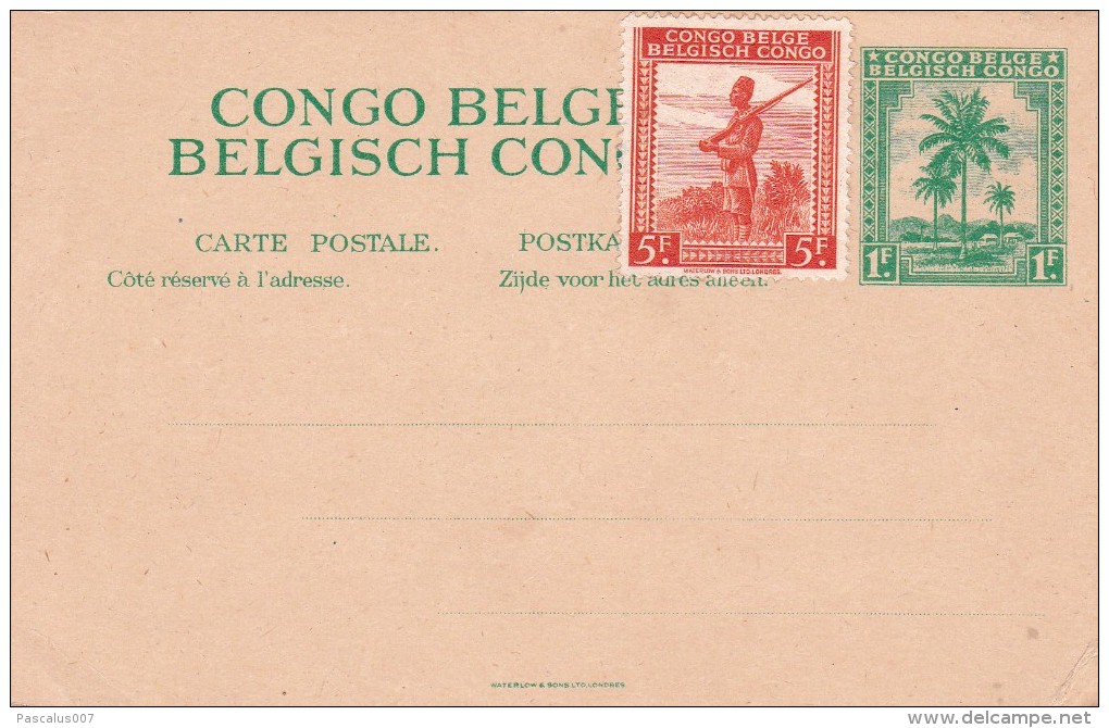 C-01-212 - Congo Belge EP - Entier Postal Carte - COB 243 -  -  - 1942 CP Palmier 1fr Vert ( Stibbe 73 ) Surchargé Avec - Postwaardestukken