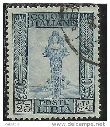 COLONIE ITALIANE LIBIA 1921 PITTORICA PICTORIAL FILIGRANA CORONA CENT. 25c USATO USED OBLITERE' - Libië