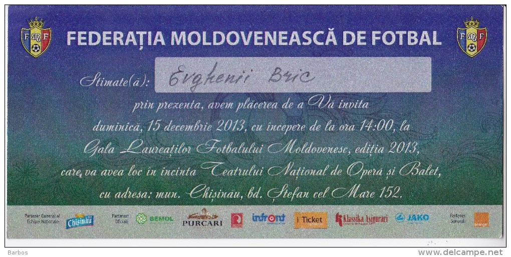 Moldova , Moldavie , 2013 , Invitation , Moldovan Football Gala - Other & Unclassified