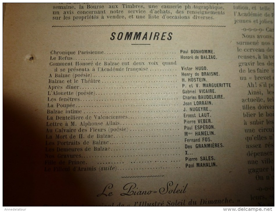 1899 SOLEIL Du DIMANCHE:Aquarelle De Zier;BALZAC (documentaire+++);Châteaux (Saché,Candé,La Chevrière,Valesne;Baudelaire - 1850 - 1899