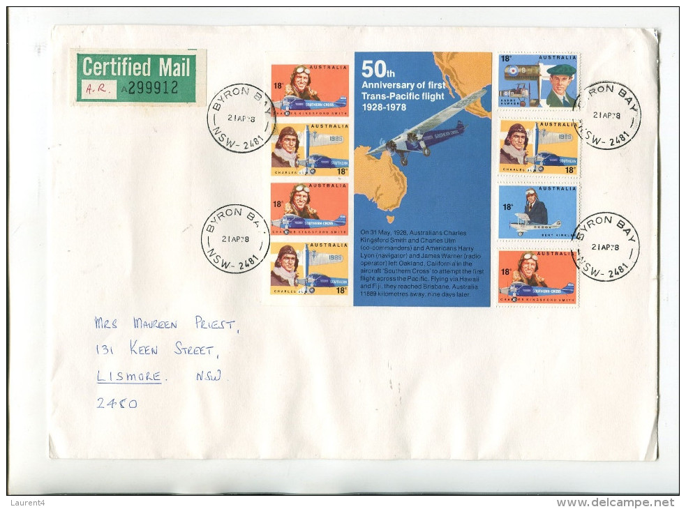 (Special 1) Australia Certified Mail Cover - 1978 - Posted Byron Bay To Lismore With Mini-sheet Trans-Pacific Flight - Variedades Y Curiosidades