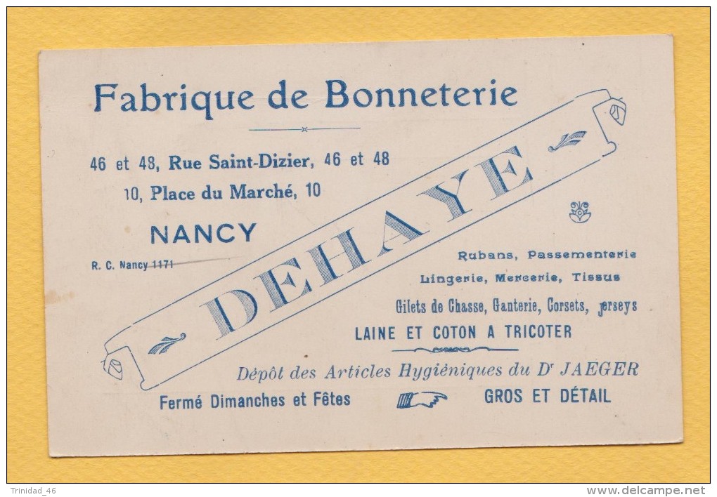 NANCY MEUTHE ET MOSELLE FABRIQUE DE BONNETERIE DELAHAYE  CARTE COMMERCIALE ANCIENNE - Visiting Cards