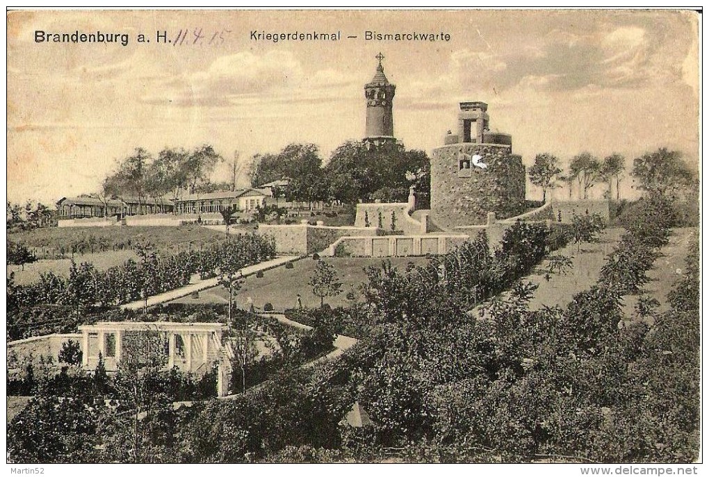 Brandenburg A.H. Kriegerdenkmal Bismarckwarte, Per Feldpost ⊙ BRANDENBURG 12.4.15 (Nr.16 Verlag Oskar Vater Brandenburg) - Brandenburg