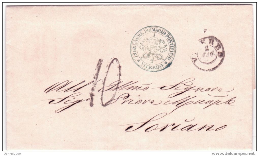 1869-lettre De " Ingeniere Primario Pontifico * VITERBO * Taxe 10 Tampon Pour Soriano - Unclassified