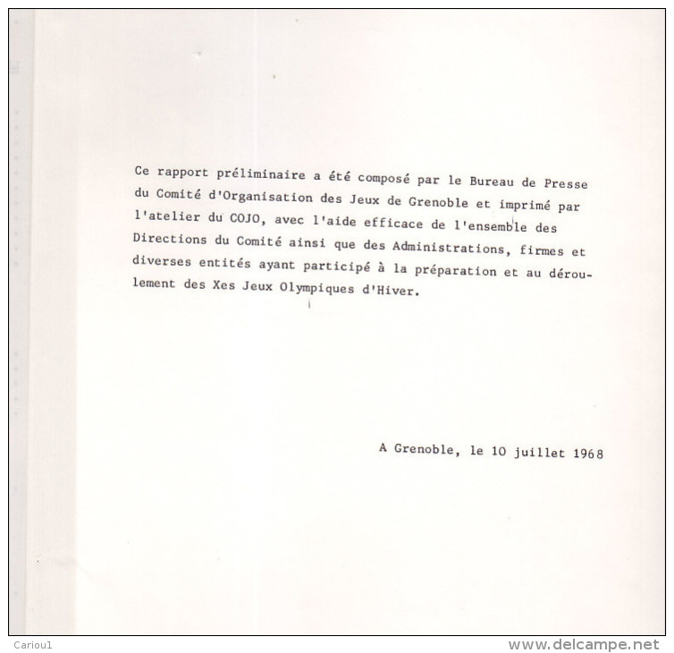 C1 Xe JEUX OLYMPIQUES D HIVER De GRENOBLE 1968 Rapport Preliminaire JUILLET 1968 - Sport