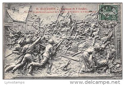 France CPA St-Quentin Monument Bas-relief Commemoratif Defense 1870, 1908 - Other & Unclassified