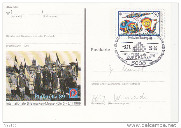 KOLN PHILATELIC EXHIBITION, CHILDRENS, EUROPA CEPT-KITES, PC STATIONERY, ENTIER POSTAUX, 1989, GERMANY - Cartes Postales Illustrées - Oblitérées