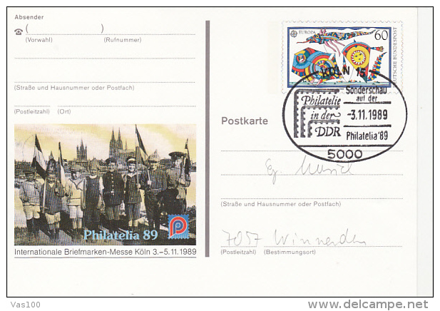 KOLN PHILATELIC EXHIBITION, CHILDRENS, EUROPA CEPT-KITES, PC STATIONERY, ENTIER POSTAUX, 1989, GERMANY - Cartes Postales Illustrées - Oblitérées