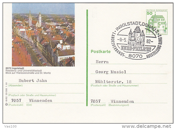 INGOLSTADT TOWN PANORAMA, CASTLE, PC STATIONERY, ENTIER POSTAUX, 1982, GERMANY - Illustrated Postcards - Used