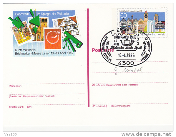 ESSEN PHILATELIC EXHIBITION, BAD HERSFELD TOWN, PC STATIONERY, ENTIER POSTAUX, 1986, GERMANY - Cartes Postales Illustrées - Oblitérées